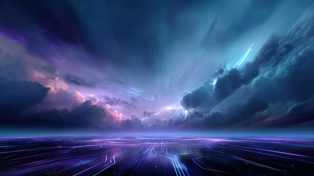 Futuristic digital landscape with glowing neon lines stretches beneath a dramatic, stormy sky filled with vibrant clouds. Sci fi atmosphere and cyberpunk vibes dominate the scene