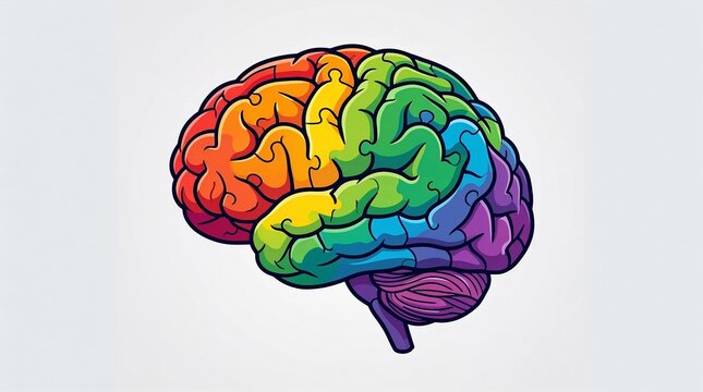 Colorful brain illustration in vibrant rainbow hues  