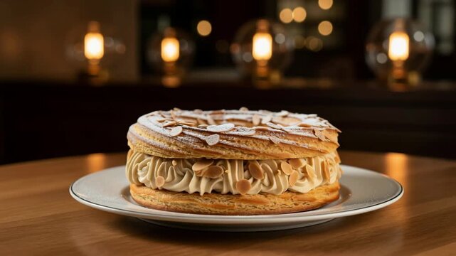 Traditional French Paris-Brest pastry made with choux dough, praline cream, and toasted almonds served on a plate in a restaurant. Classic gourmet dessert. 