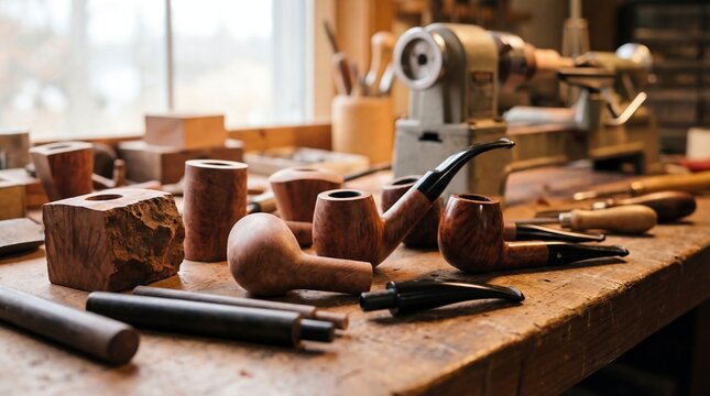 Briar wood pipe bowls and stems on craftsman workbench