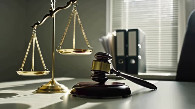 a gavel of justice on a table, the scales of Themis, folders with documents