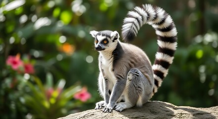 Obraz premium Ring-tailed Lemur Sitting on a Rock in its Natural Habitat with Lush Greenery in the Background