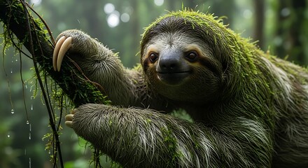 Fototapeta premium Close-up portrait of a three-toed sloth hanging from a moss-covered tree branch in a lush rainforest