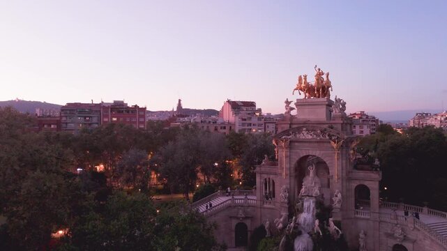 Aerial view of cascada monumental at parc de la ciutadella in barcelona at sunset