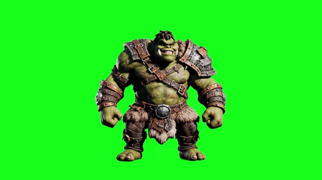 A muscular 3D animated orc in battle armor performs a rhythmic dance on a chroma key green screen. This unique character animation is ideal for fantasy game promos, social media memes, and creative vi