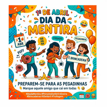 1&ordm; de Abril - Dia da Mentira com Grupo de Amigos Divertidos Preparando Pegadinhas, Instrumentos Musicais e Elementos Festivos Coloridos - Brincadeiras e Humor Data Comemorativa Ilustra&ccedil;&atilde;o
