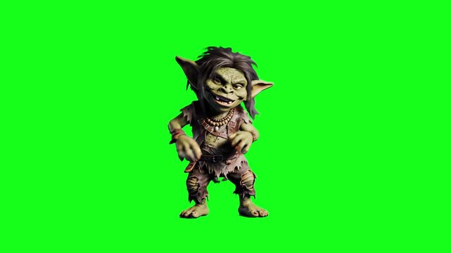 A detailed 3D animated goblin in primitive clothing performs a dance against a chroma key green background. This high-quality character is suitable for fantasy games, films, and creative storytelling.