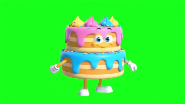 A colorful 3D animated two-tier cake character with blue and pink frosting stands against a chroma key background. Perfect for birthday celebration videos, bakery advertisements, and festive motion gr