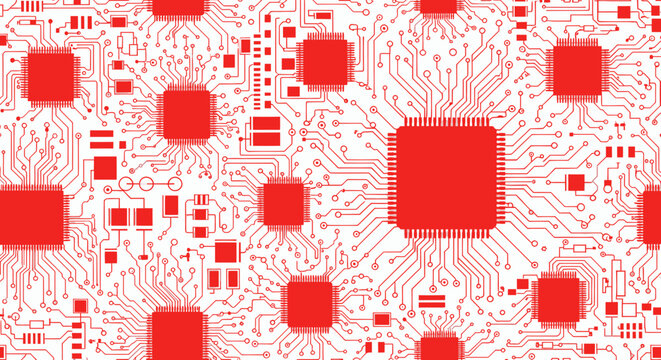 Red Circuit Board Microchip Pattern Background, Technology and Data Flow Concept
