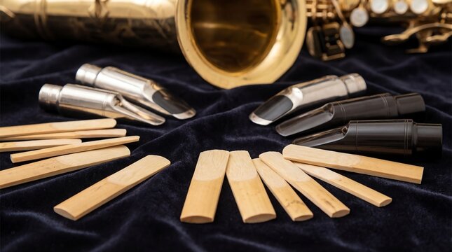 Saxophone reeds and mouthpieces on dark velvet surface