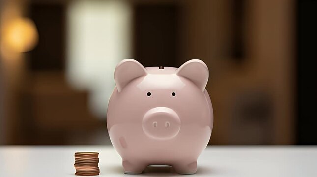 Close up shot of a female hand carefully inserting a coin into a traditional light pink piggy bank to build future savings.