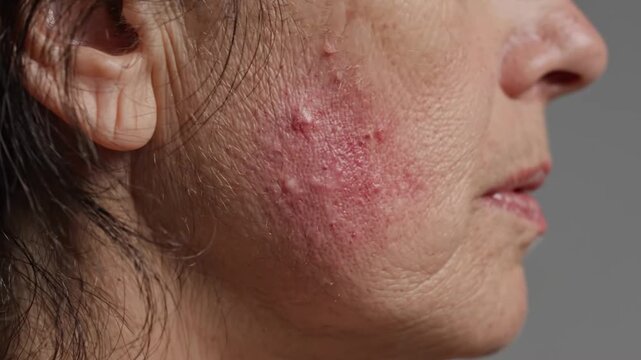 Adult woman's facial skin revealing inflamed patches and noticeable bumps from a dermatological condition, captured in close-up video footage.