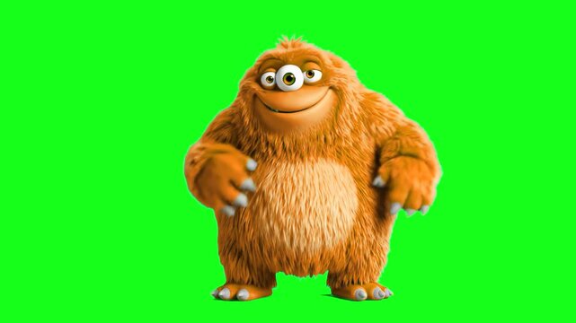 A friendly, furry orange monster with one eye (or three) and a wide smile. Isolated on a green screen, this adorable 3D mascot is perfect for kids' content, educational apps, and fun commercials.