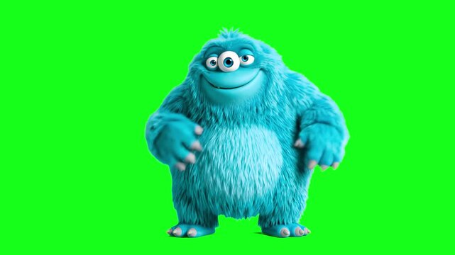 A fluffy, blue 3D monster with three eyes performing a rhythmic dance, isolated on a chroma key green background.
