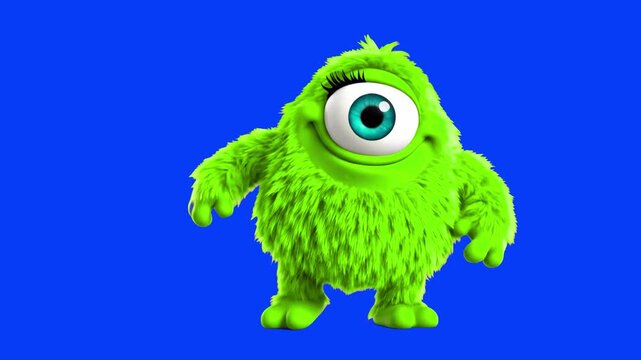 A vibrant green furry monster with a single eye dances energetically against a blue screen background. Designed for easy integration into various digital environments and video projects.