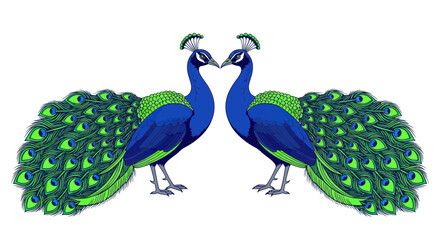 Fototapeta premium Two Elegant Peacocks Facing Each Other, Displaying Colorful Feathers