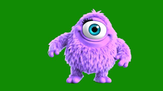 A funny 3D animated purple monster with one large eye performs a dance on a chroma key green background. This cute character is designed for kids' entertainment and easy video integration.