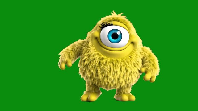 A fuzzy 3D animated yellow monster with one large eye performs a fun dance against a chroma key green background. This isolated character is ideal for children's entertainment and creative video compo