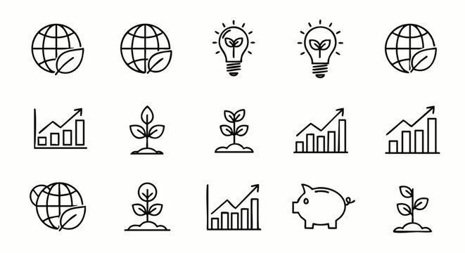 Sustainable business growth and eco-friendly development line icons set. Environment, finance, innovation, and nature conservation vector symbols.
