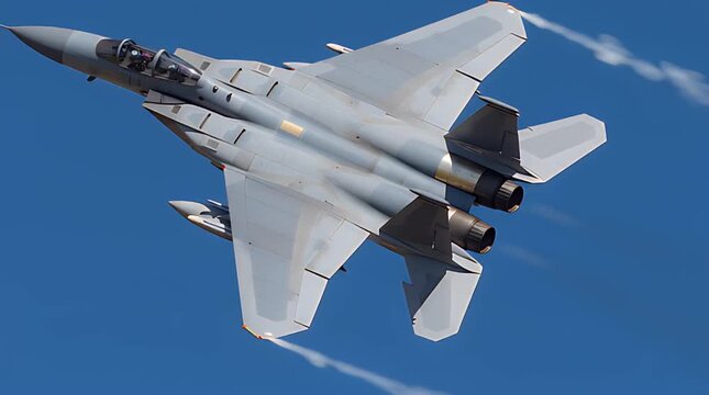 A powerful gray military fighter jet executing a sharp upward maneuver against a bright blue sky during an airshow demonstration.