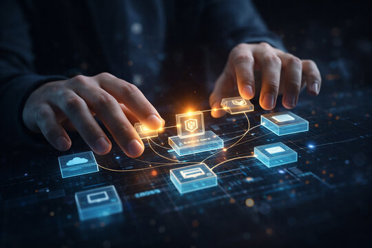 AI generated hands managing digital security network interface with connected data nodes representing cybersecurity protection system integration and smart technology control