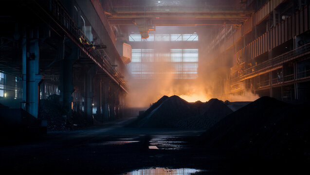 Interior of an iron and steel factory with molten metal glow, slag pile, furnace heat, crane hook, and industrial steam conveying heavy production