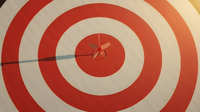 A vibrant red dart meticulously hitting the absolute center of a concentric target board, symbolizing precision, goal achievement, and accurate strategic planning in business.