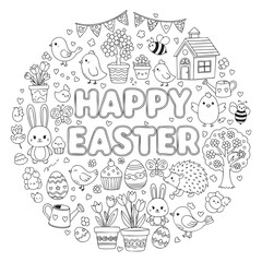 Fototapeta premium Happy Easter Doodle Coloring Page with Bunny Birds Flowers and Eggs Cute Line Art