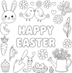 Obraz premium Happy Easter Coloring Page with Bunny Garden Tools Eggs and Spring Flowers Doodle