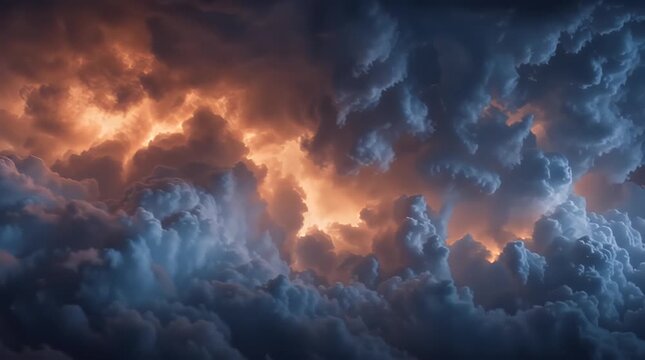 Dramatic and turbulent storm clouds illuminate the dark sky with an intense fiery orange glow suggesting an impending weather phenomenon.