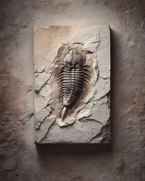 Ancient fossil of a trilobite embedded in stone, revealing a glimpse of prehistoric life. The intricate details of the creature's exoskeleton are preserved in the sedimentary rock
