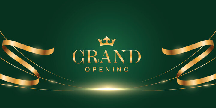 Luxury dark green grand opening with light effect and golden ribbon. Luxury design template for product display.
