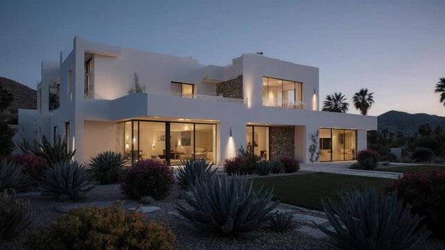 Modern, luxurious villa with a minimalist design, boasting a night-time ambiance. Embellished with surrounding flora.