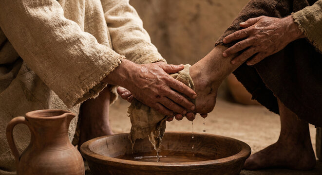 iblical scene of Jesus Christ washing the feet of his disciple with a cloth over a wooden basin. Concept of humility, servant leadership, and Maundy Thursday during Holy Week.