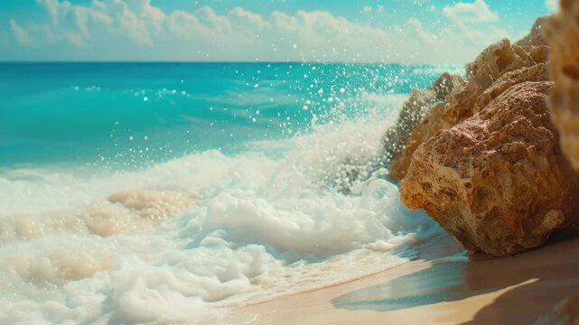 Seashore Serenity: Capturing a pristine beach scene with crystal-clear turquoise waters gently lapping onto golden sands and rugged cliffs. Experience the essence of a perfect getaway.