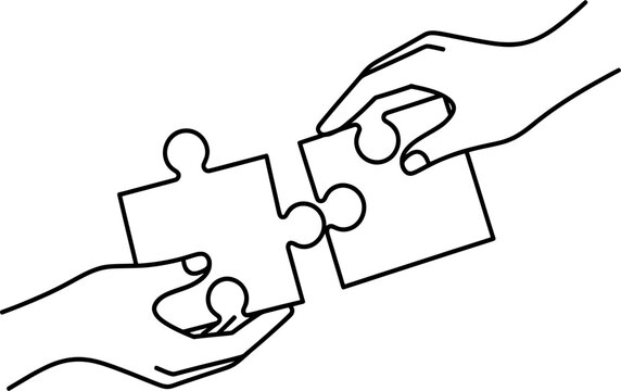 Minimalist line art illustration of two hands reaching out to connect puzzle pieces depicting teamwork and mutual effort to achieve common goals and solutions