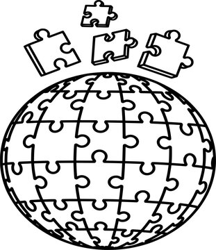 Abstract globe puzzle icon with floating jigsaw pieces representing global connectivity unity and problem solving concepts for international business projects