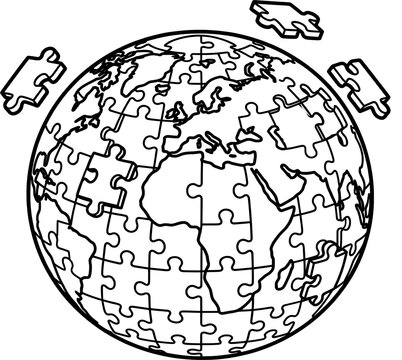 World map jigsaw puzzle with continents and floating pieces symbolizing international cooperation and global solutions for modern business and travel concepts