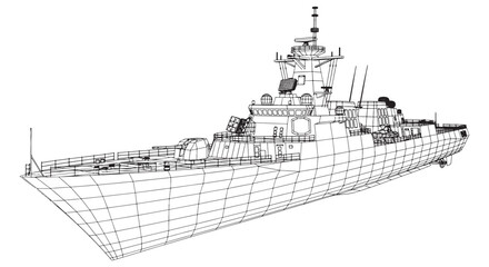 Fototapeta premium Wireframe 3D Model of Modern Navy Warship Blueprint and Technical Concept Illustration