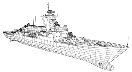 Wireframe 3D Model of Modern Navy Warship Blueprint and Technical Concept Illustration © Sapumal