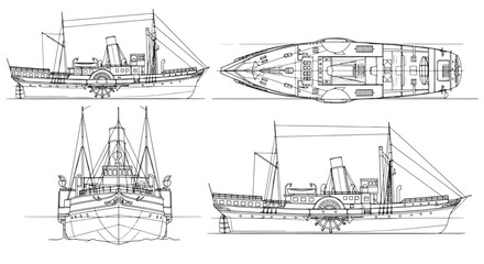 Vintage Steamship Blueprint and Technical Line Drawing Showing Top, Side and Front Views © Sapumal