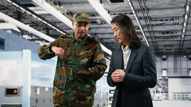 Increasing microchips production, defense systems and soldier with microelectronics factory manager working together. Upgrading semiconductors, chip war and military officer, camera B