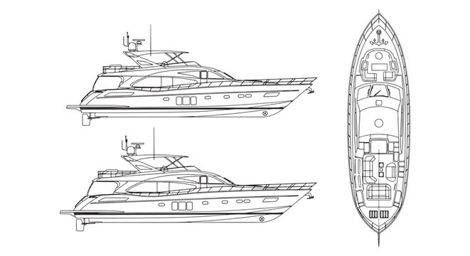 Luxury Motor Yacht Blueprint and Deck Plan Technical Line Drawing of Side Elevations and Top View