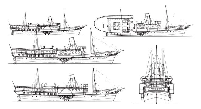 Paddle Steamer Ship Technical Line Drawing in Multiple Views &mdash; Vintage Steamship Blueprint Illustration