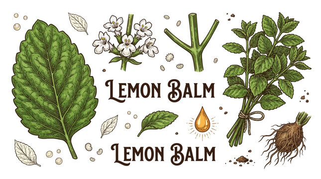 Lemon Balm Melissa Officinalis Hand Drawn Botanical Illustration Set with Leaves Flowers Roots and Essential Oil Vector