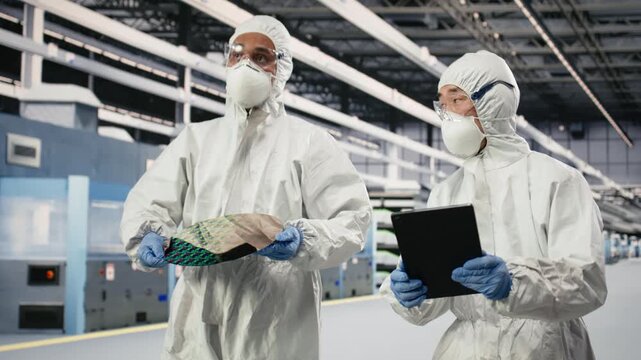 Multiracial technicians analyzing delicate electronic component in semiconductor factory cleanroom. Teamworking coworkers in bunny suit monitoring silicon wafer manufacturing yields, camera B