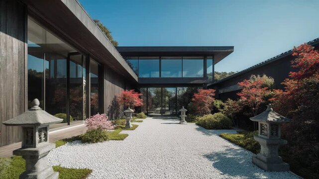 Elegant house entrance with Zen garden and stone lanterns in the foreground under blue sky