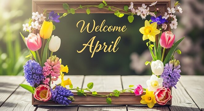 April welcome floral chalkboard with spring flowers and tulips