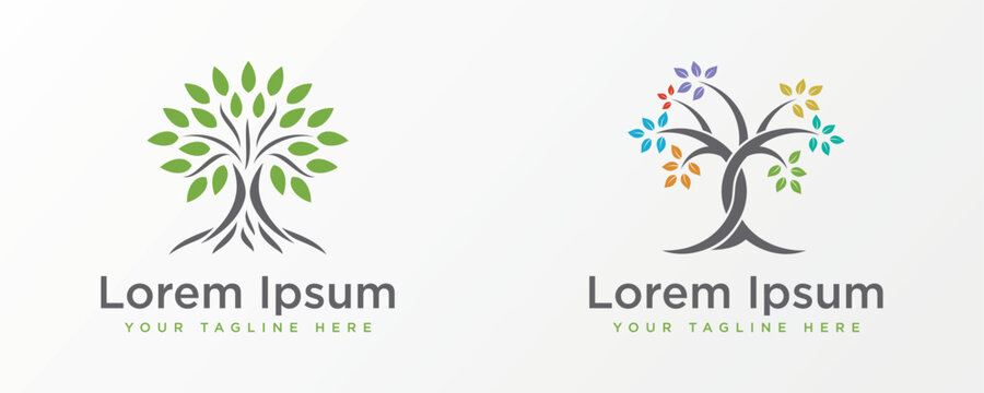 Colorful tree logo designs with intertwined roots and vibrant foliage  representing growth life and nature s interconnectedness