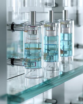 An abstract representation of scientific liquid experiments. Cylindrical glass apparatuses are filled with vibrant blue liquid and connected by metallic tubes